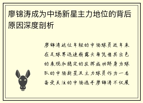 廖锦涛成为中场新星主力地位的背后原因深度剖析
