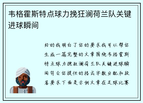韦格霍斯特点球力挽狂澜荷兰队关键进球瞬间 韦格霍斯特点球力挽狂澜荷兰队关键进球瞬间