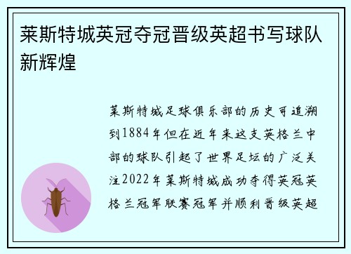 莱斯特城英冠夺冠晋级英超书写球队新辉煌